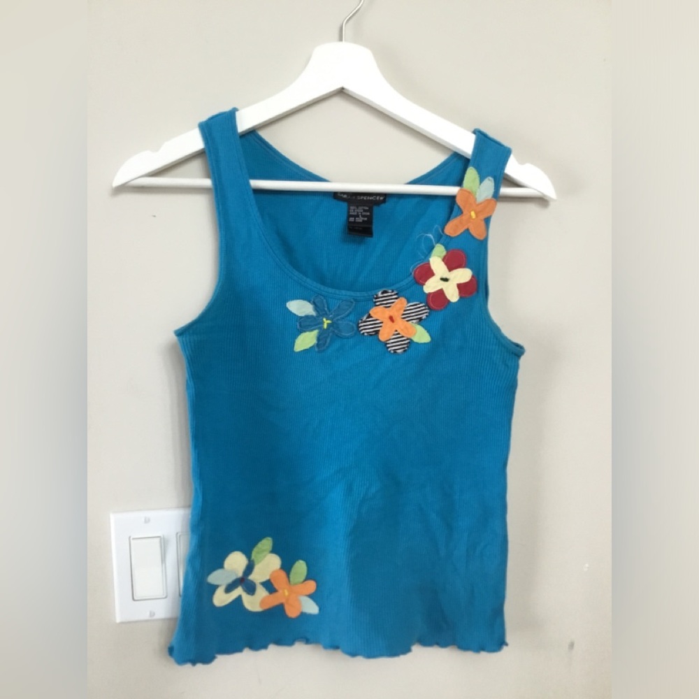 Sarah Spencer Blue Tank Top with Multicolor Floral Appliqué Design